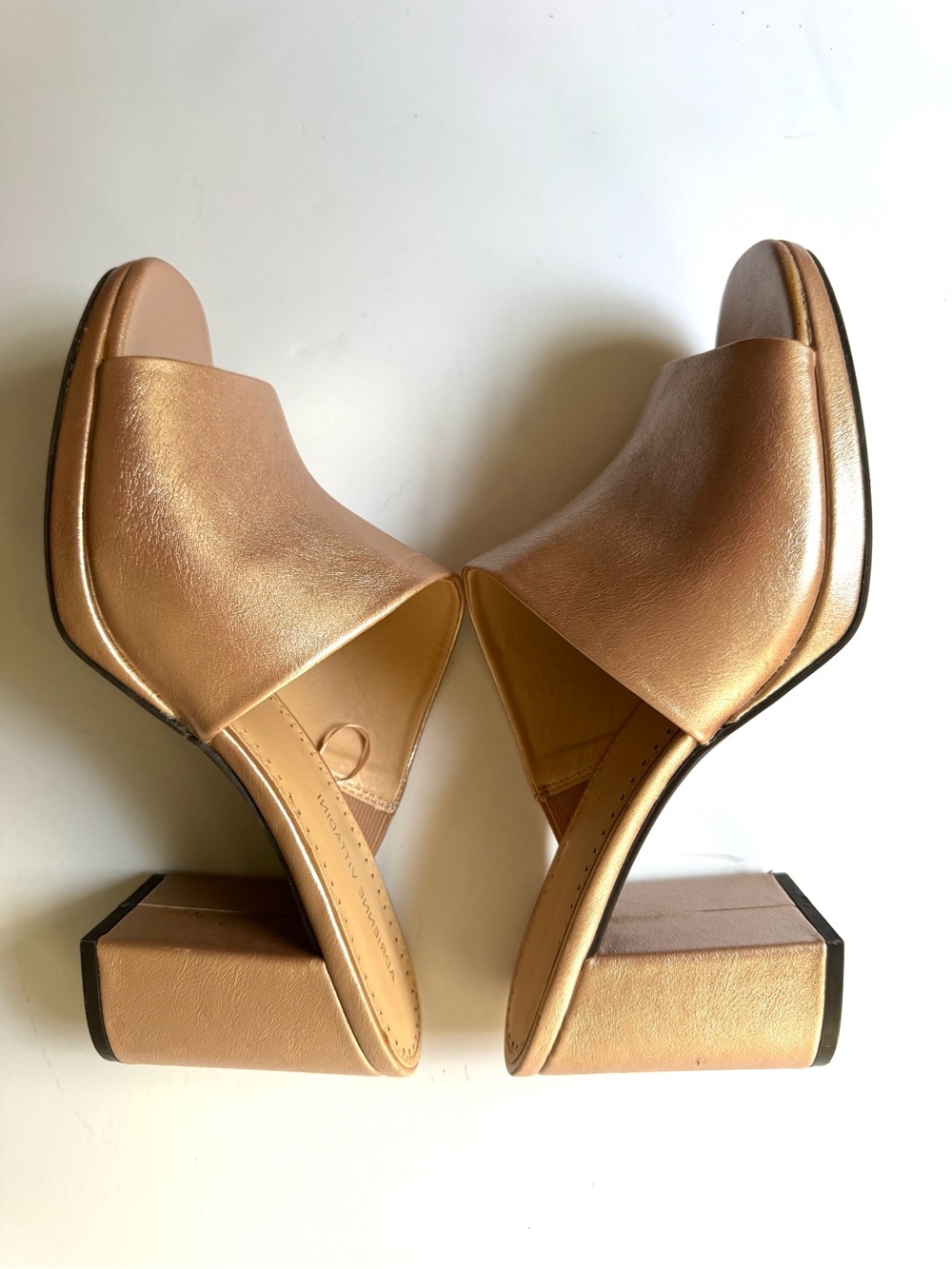 Adrienne Vittadini Metallic Rose Gold Block Heel Slide Sandals